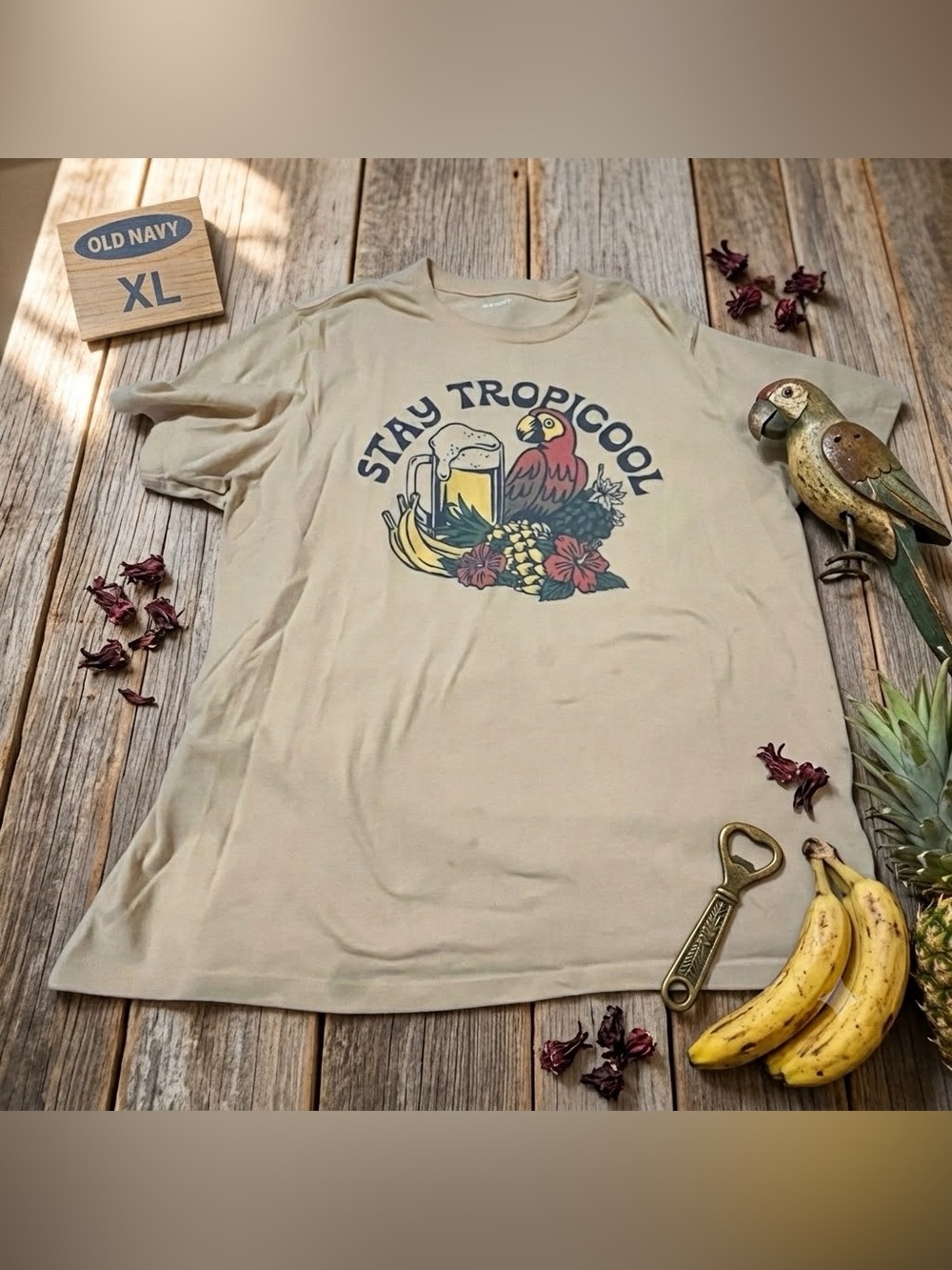 Old Navy Beige Tropical Parrot Graphic Tee